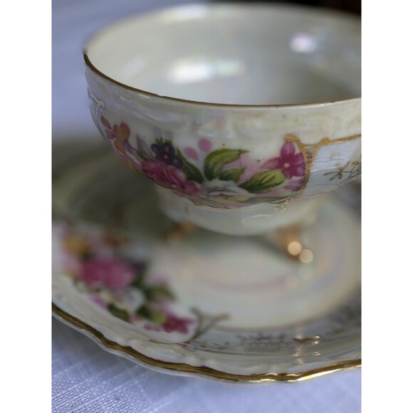 VTG Lusterware Iridescent 3 Footed D3041 Teacup & Saucer Floral Gold Trim Pink - Picture 13 of 16